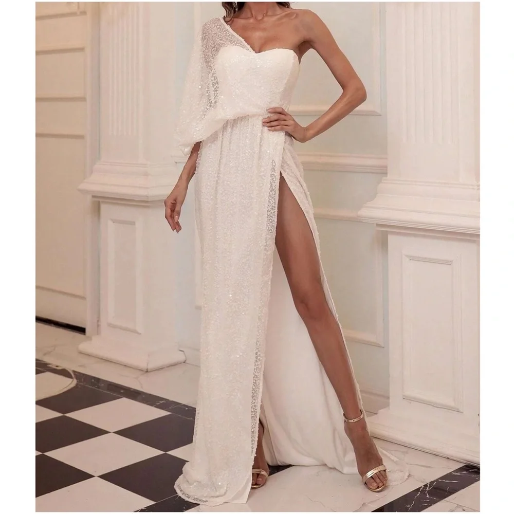 Luxe Sequin One Shoulder Evening Formal Wedding Dress - Picture 4 of 8